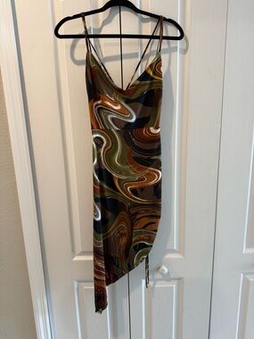 Asymmetrical Slip Dress in Earthy Swirl Print